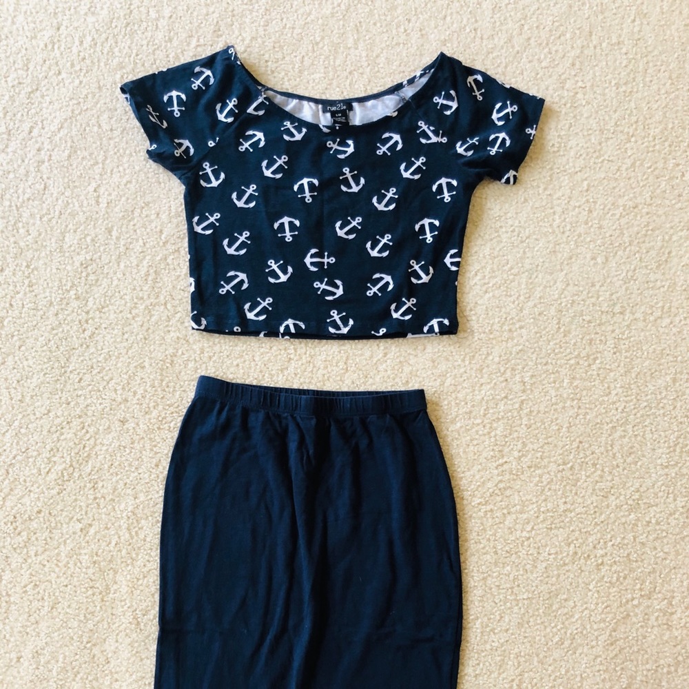 Anchor print crop top with navy pencil skirt set